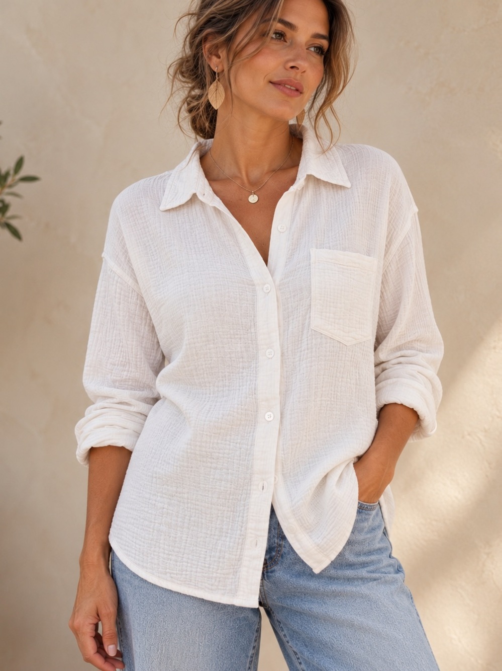 White Cotton Gauze Button-Up Shirt